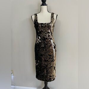 Bardot Midi Dress Black Velour Gold Sequins Sleeveless Bodycon EUC Size 6/S
